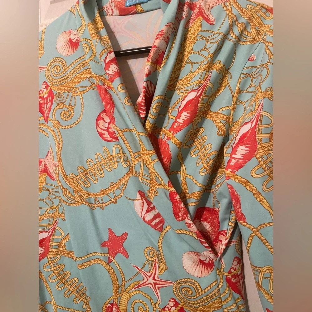 J. McLaughlin | Blue Gold Chain Catalina 3/4 Seashell Faux Wrap Blouse Small - Picture 3 of 5